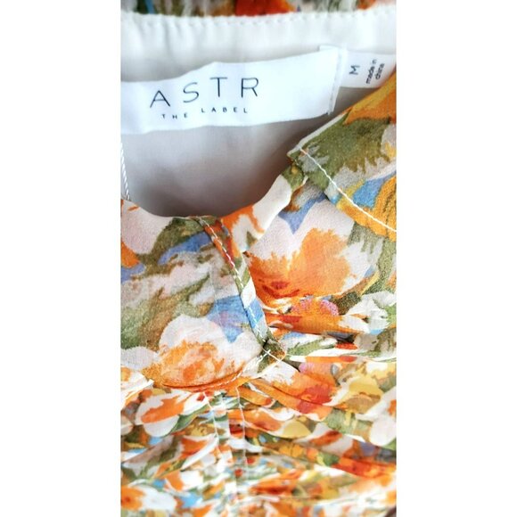 ASTR The Label Orange Floral Ruched Midi Milkmaid Dress Ruffle Sleeves Sz M NWT - Picture 5 of 6